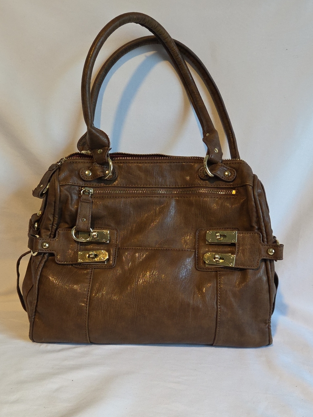Jessica Simpson Brown Leather Satchel with Gold-Tone Hardware